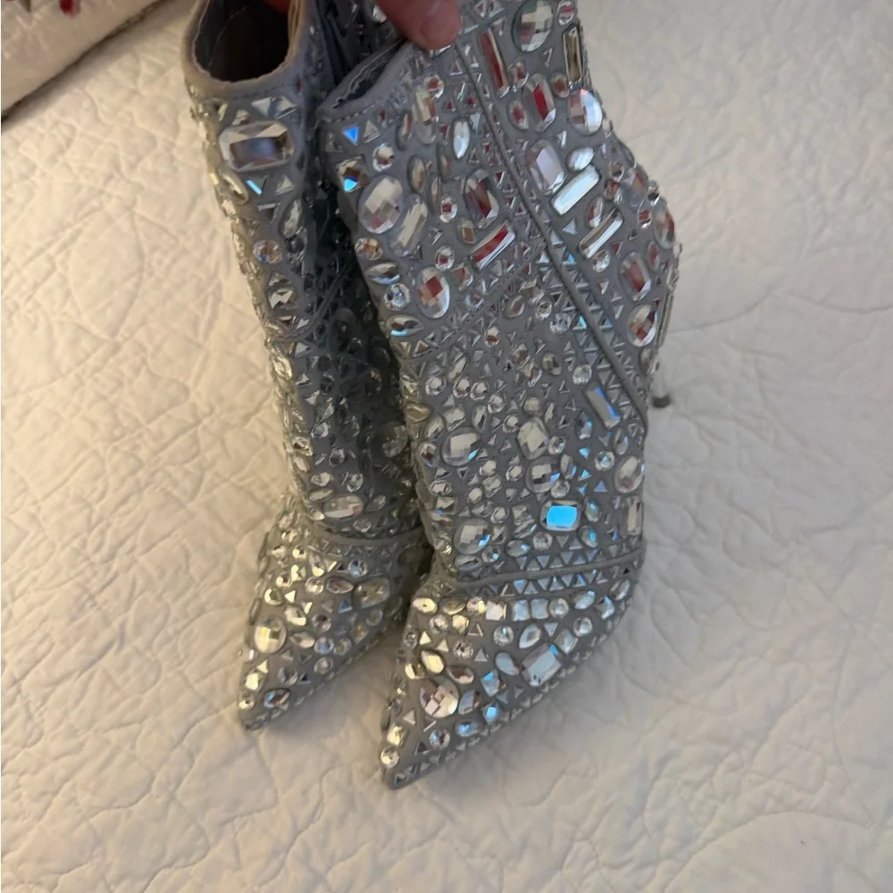 Steve Madden Silver Crystal Embellished Pointed-Toe Stiletto Boots - Picture 2 of 7